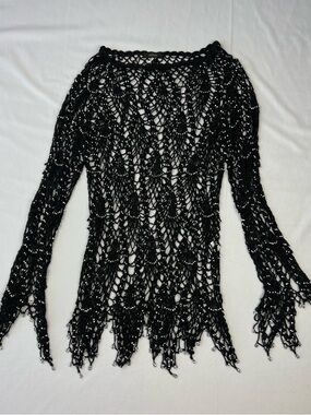 Millau Black Beaded Crochet Open Knit Bell Long Sleeve Sweater Witchy XS